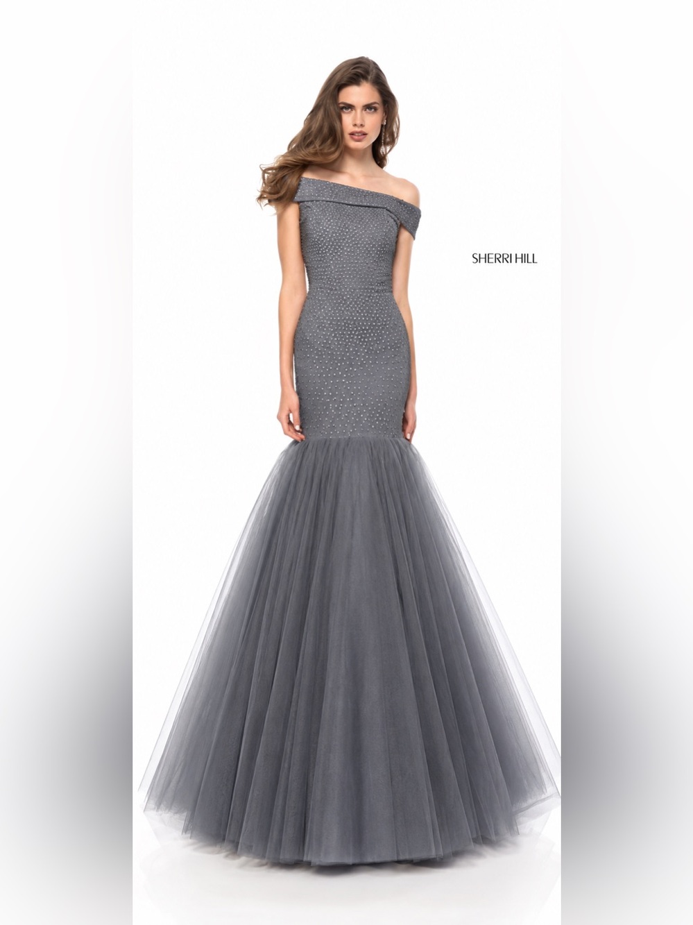 Sherri Hill Rhinestone Mermaid Gun Metal Sequin Tulle Gown Gray Size 4